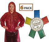 Rain Poncho for Adults (6 Pack) | Drawstring Hood and Elastic Sleeve Ends | 50% Thicker Quality Material | Emergency Disposable Rain Poncho | Assorted Colors | 100% Waterproof