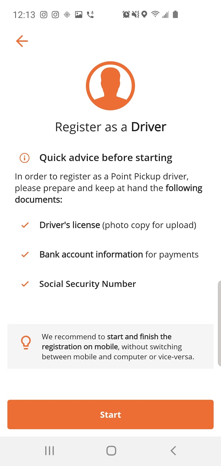 point pickup register as a new driver