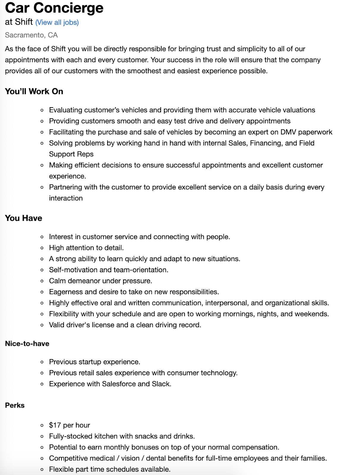 car concierge Shift description