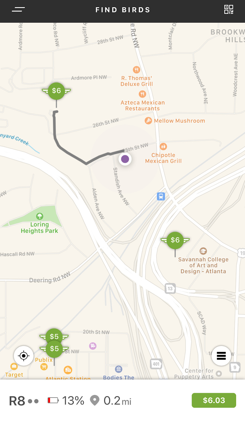 Image of finding the closest Bird scooter