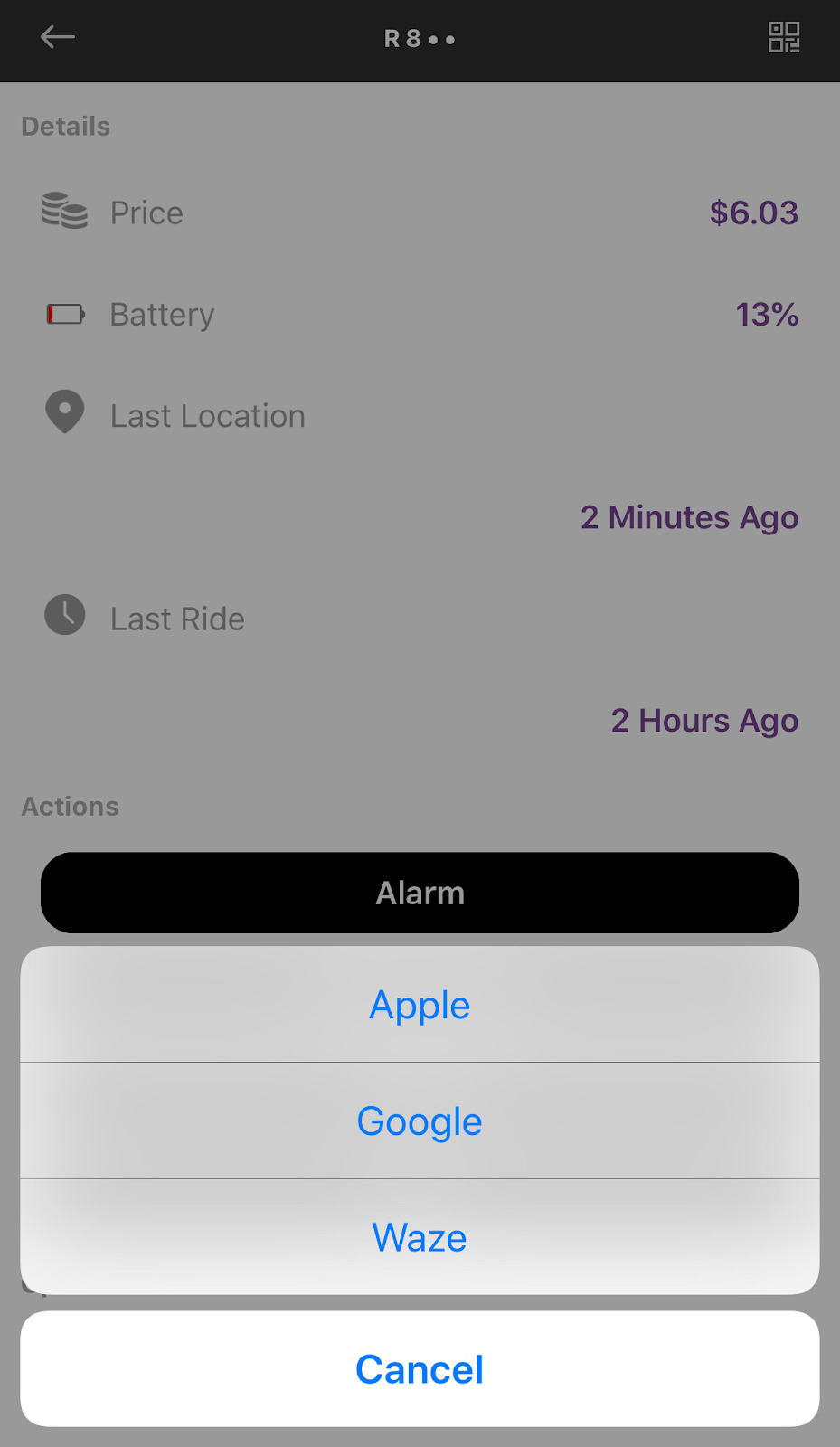 Image of screen navigation to capture Bird scooter