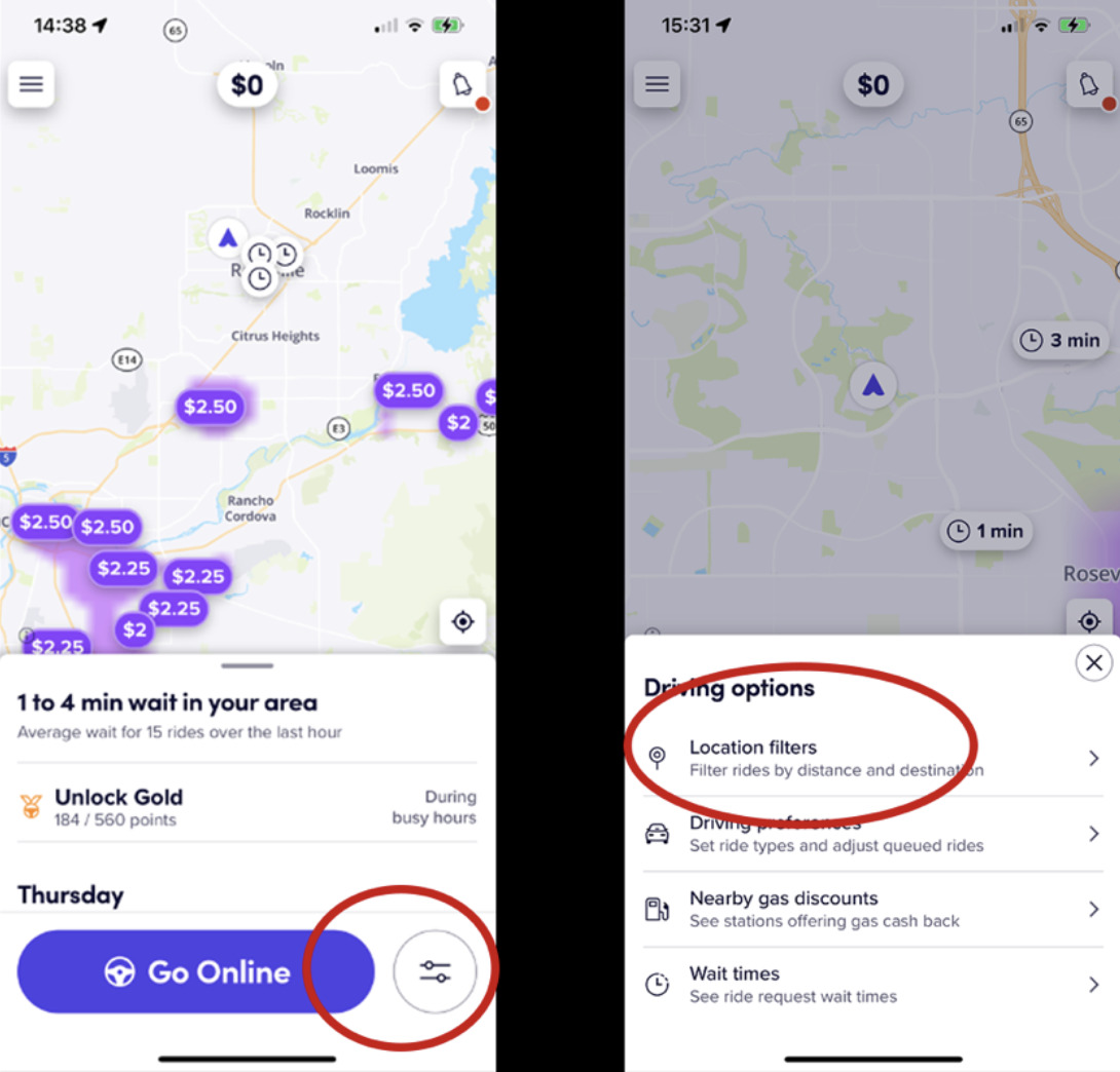 lyft driver app location filters