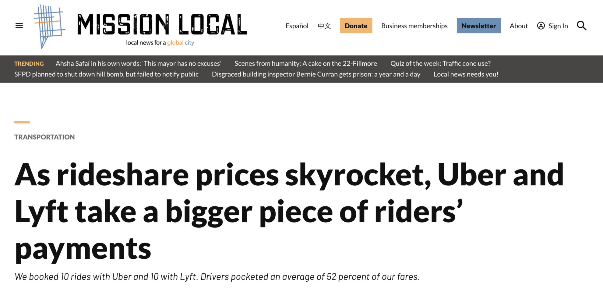 News article discusses Lyft pocketing a bigger profit at drivers' expense
