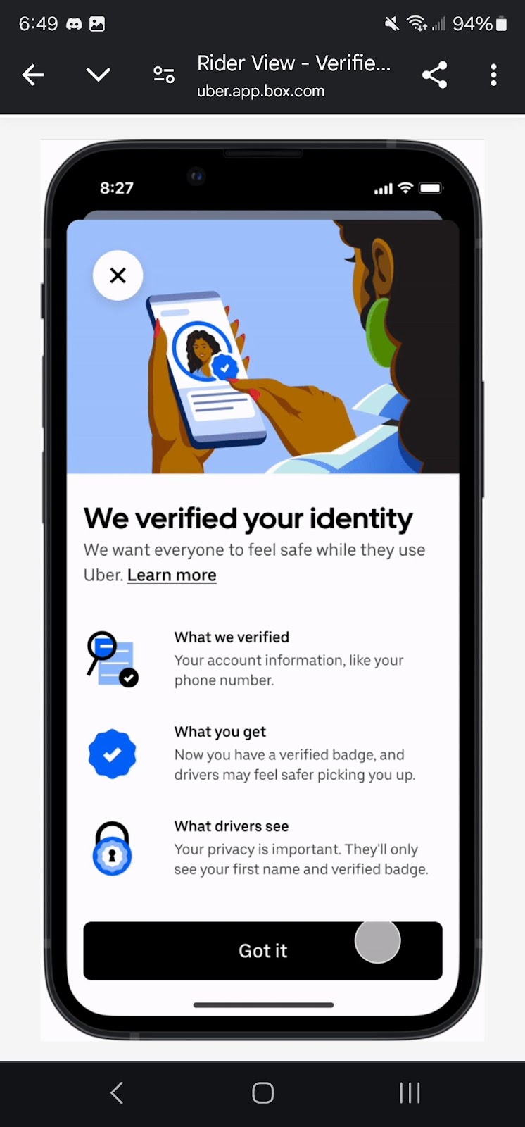Uber Verification Confirmation