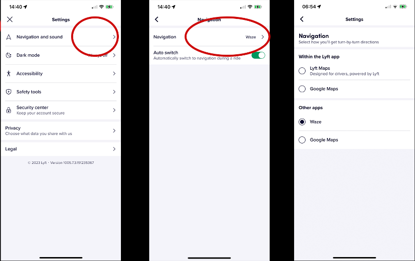 Lyft driver app naviation settings
