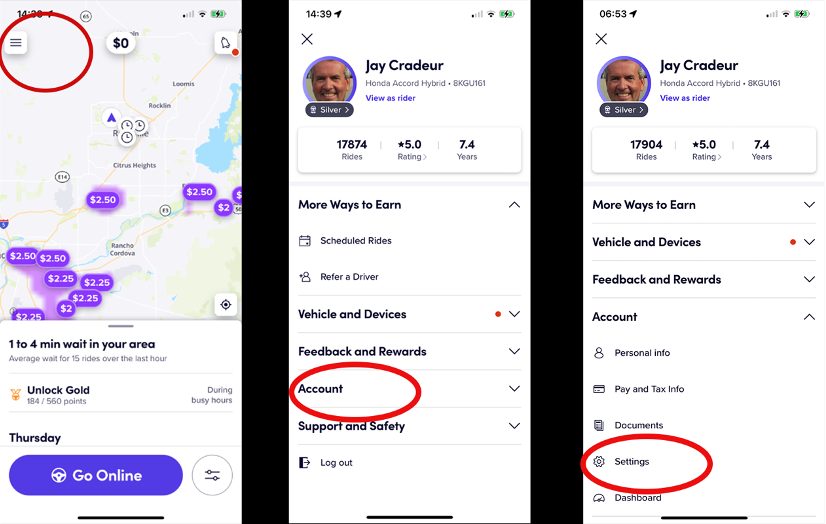 lyft driver app settings screen