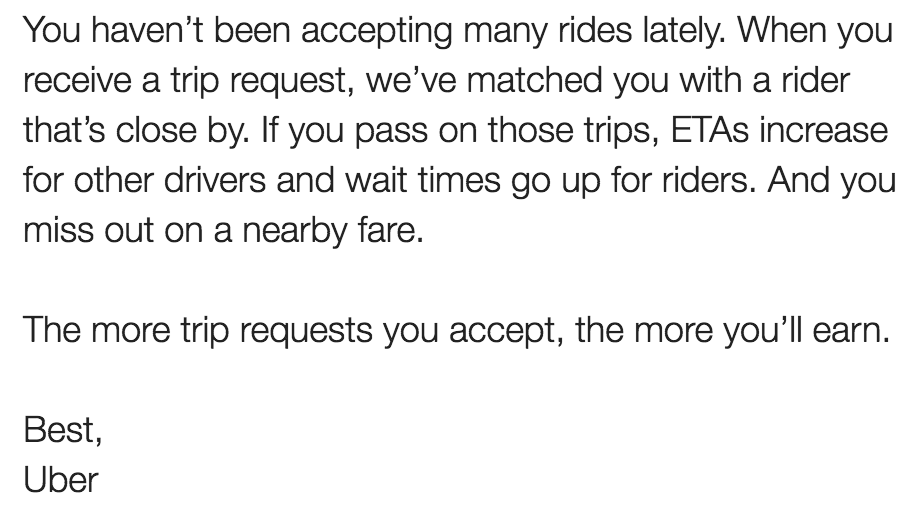 Nastygram e-mail from Uber